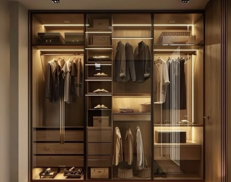Illuminated wood wardrobe with glass doors, drawers and hanging storage