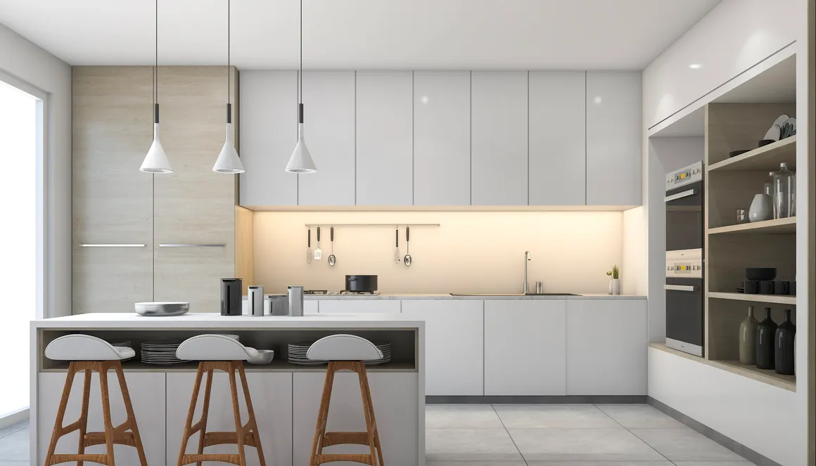 European kitchen inspiration with light slab cabinets, integrated appliances and a breakfast island