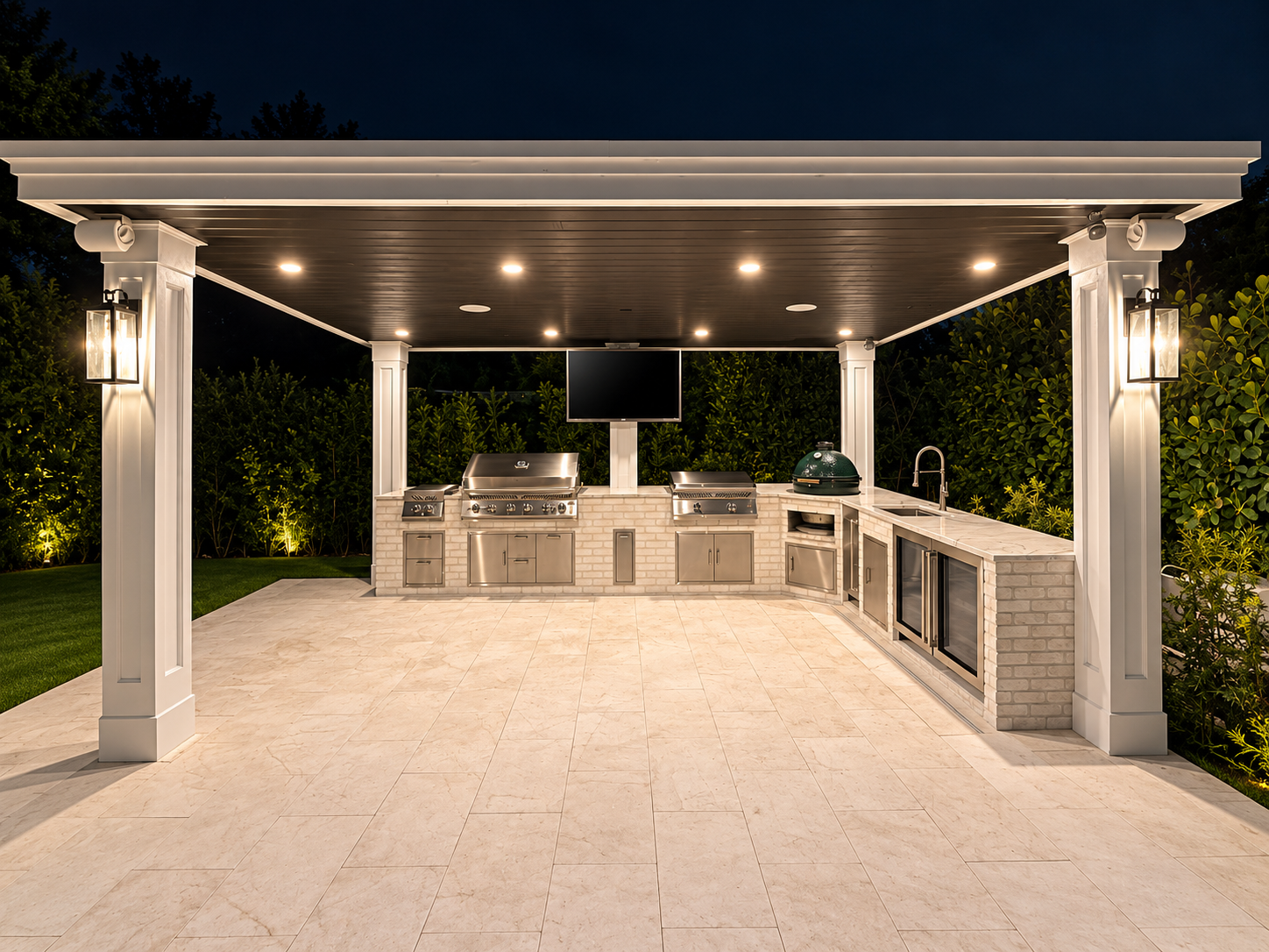 Outdoor kitchen gazebo at night with stainless grills and white brick cabinetry